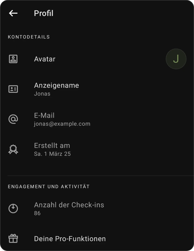 Profil: Kontodetails mit Avatar, Anzeigename, E-Mail und Erstellt am sowie Engagement und Aktivität mit Anzahl der Check-ins und Deine Pro-Funktionen