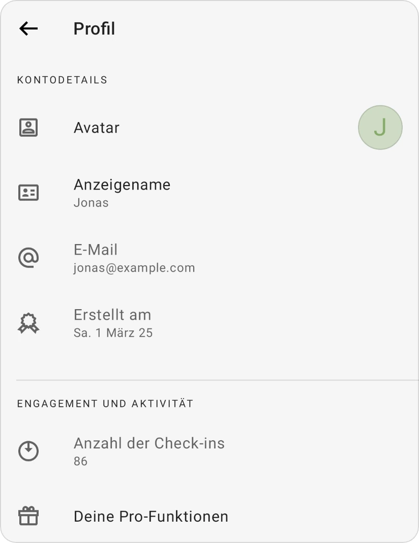 Profil: Kontodetails mit Avatar, Anzeigename, E-Mail und Erstellt am sowie Engagement und Aktivität mit Anzahl der Check-ins und Deine Pro-Funktionen
