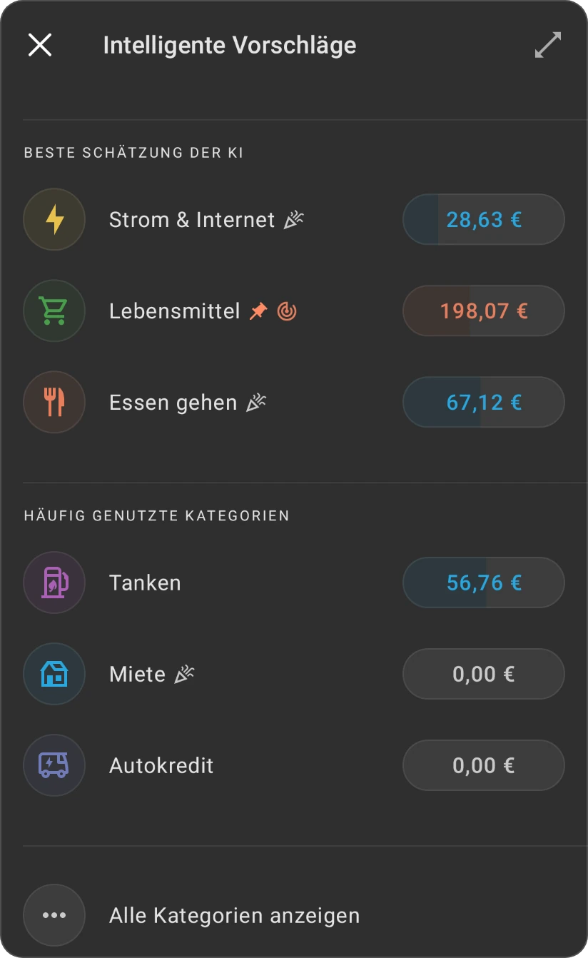 Intelligente Vorschläge für eine Kategorie: Beste Schätzung der KI und Häufig genutzte Kategorien, jeweils mit ihren Kategorien, und Alle Kategorien anzeigen