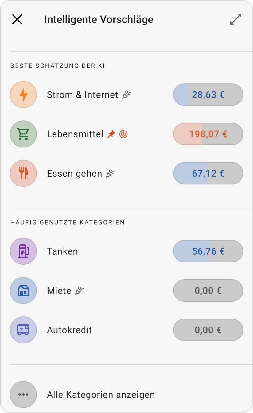 Intelligente Vorschläge für eine Kategorie: Beste Schätzung der KI und Häufig genutzte Kategorien, jeweils mit ihren Kategorien, und Alle Kategorien anzeigen