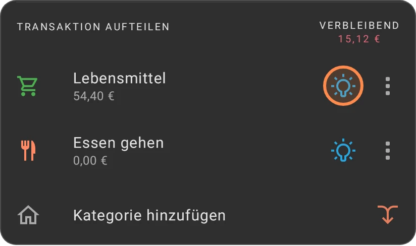 Eine aufgeteilte Ausgabe mit Lebensmittel und Restaurant, die Glühbirne am Teil Lebensmittel ist hervorgehoben
