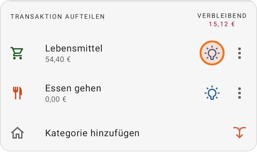 Eine aufgeteilte Ausgabe mit Lebensmittel und Restaurant, die Glühbirne am Teil Lebensmittel ist hervorgehoben