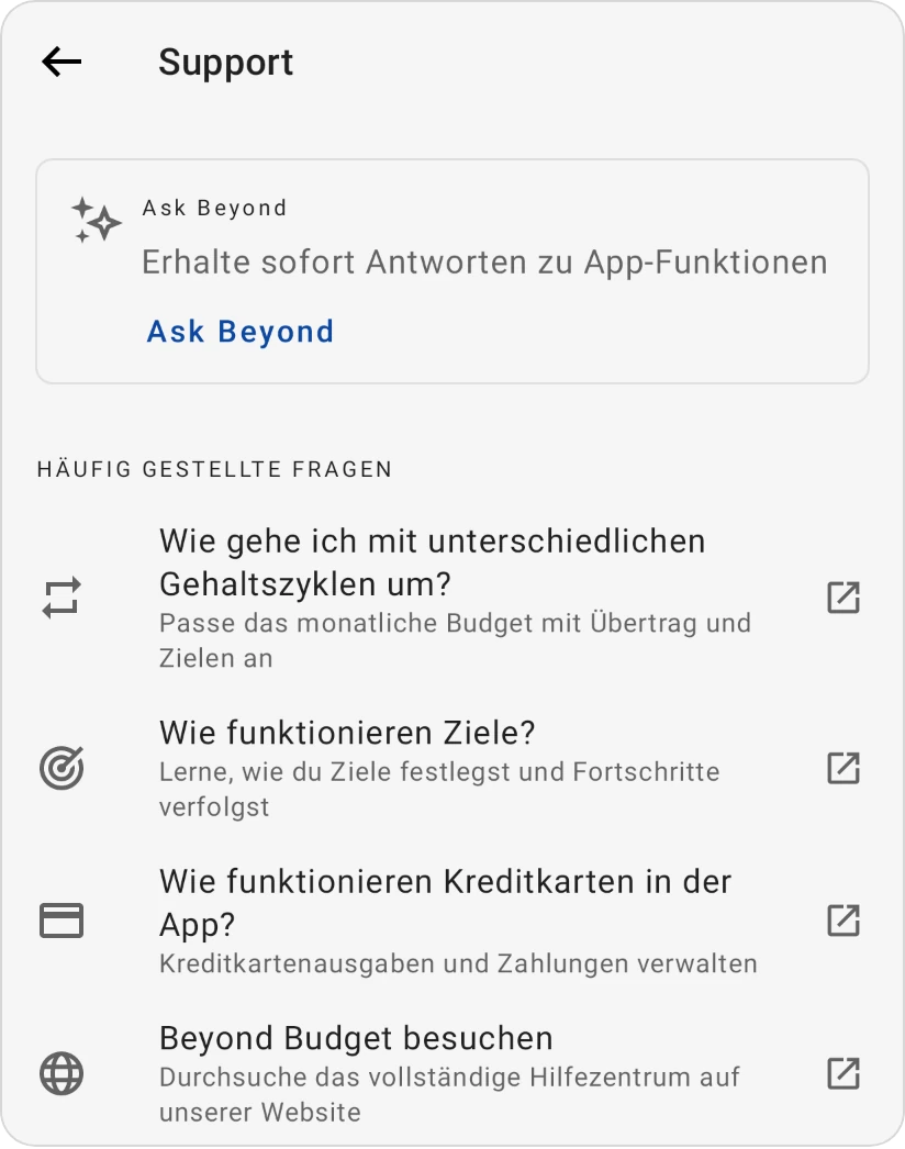 Der Bildschirm Support: die Karte Ask Beyond und die Häufig gestellten Fragen, die jeweils ihre Hilfeseite öffnen