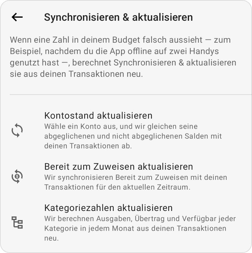 Synchronisieren & aktualisieren mit seinen drei Zeilen: Kontostand eines Kontos aktualisieren, Bereit zum Zuweisen aktualisieren und Kategoriezahlen aktualisieren