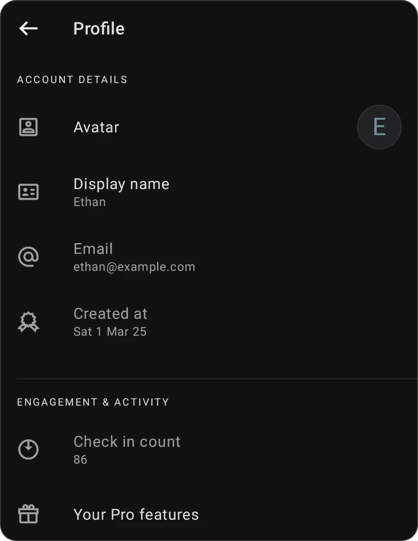 Profile: Account Details with Avatar, Display name, Email and Created at, and Engagement & Activity with Check in count and Your Pro features