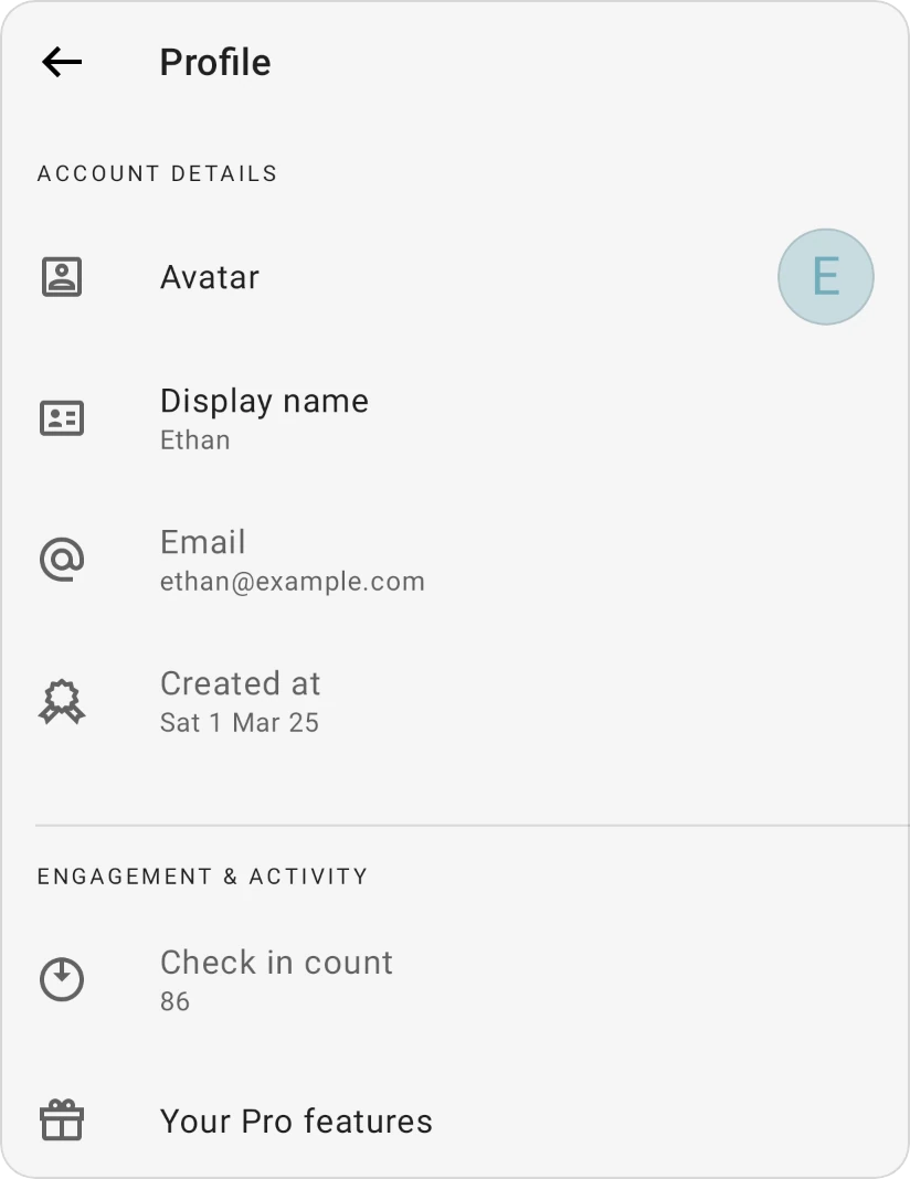Profile: Account Details with Avatar, Display name, Email and Created at, and Engagement & Activity with Check in count and Your Pro features