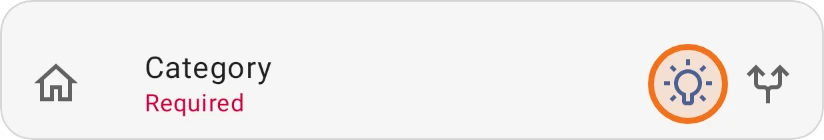 The empty Category field of a new expense, with the Smart suggestions lightbulb highlighted