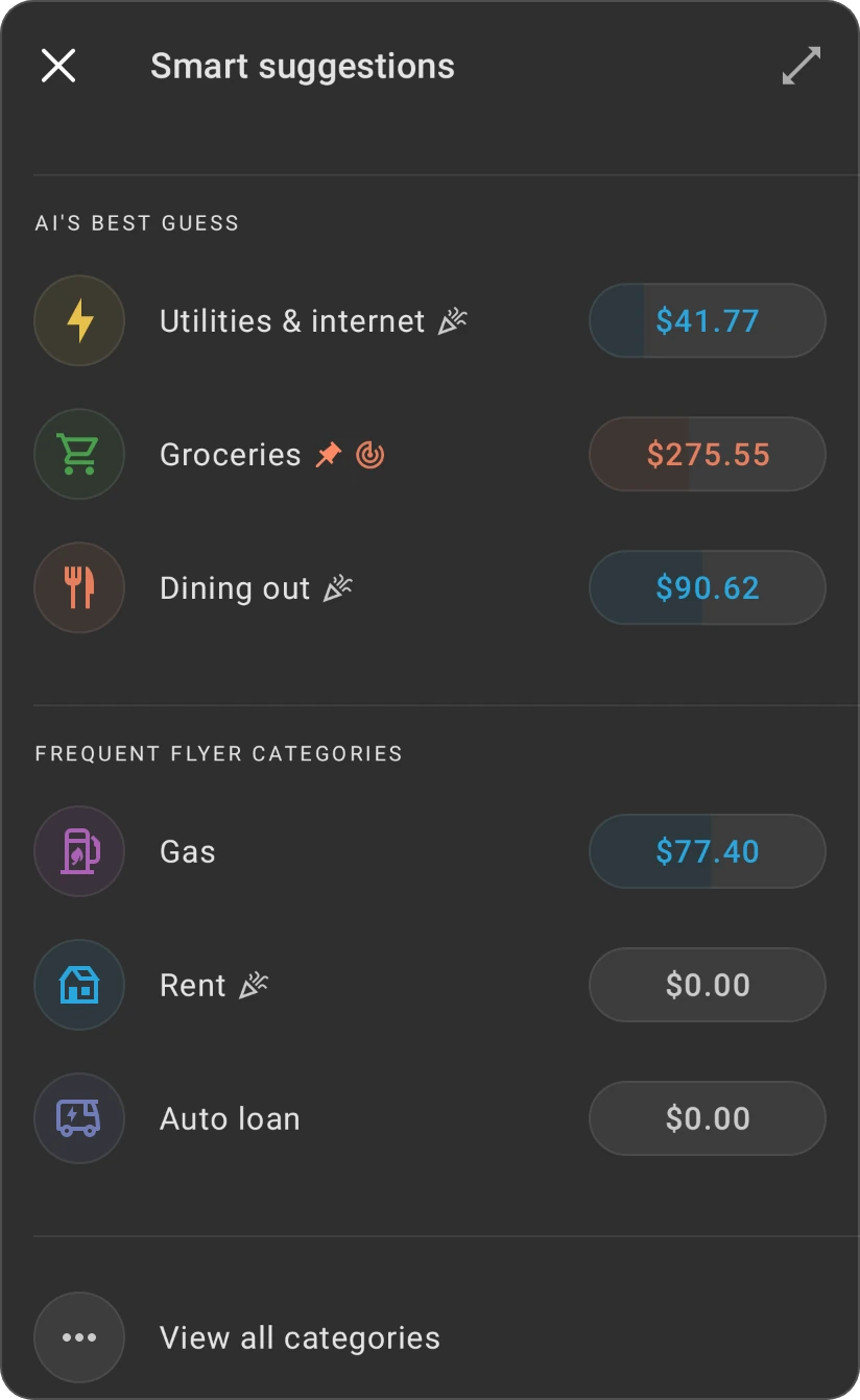 Smart suggestions for a category: AI's Best Guess and Frequent Flyer Categories, each with its categories, and View all categories