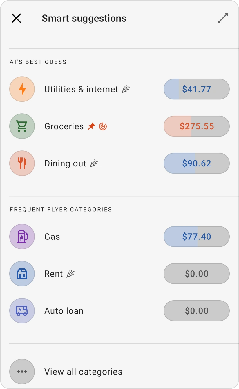 Smart suggestions for a category: AI's Best Guess and Frequent Flyer Categories, each with its categories, and View all categories