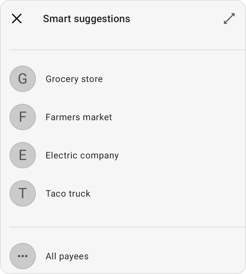 Smart suggestions for a payee: four payees from past transactions, and All payees