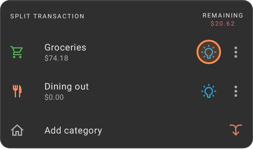 A split expense with Groceries and Dining out, the lightbulb on the Groceries part highlighted