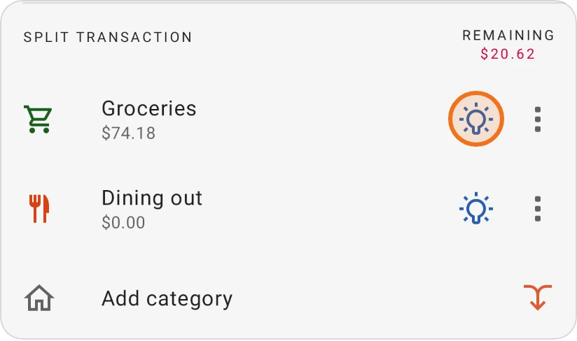 A split expense with Groceries and Dining out, the lightbulb on the Groceries part highlighted
