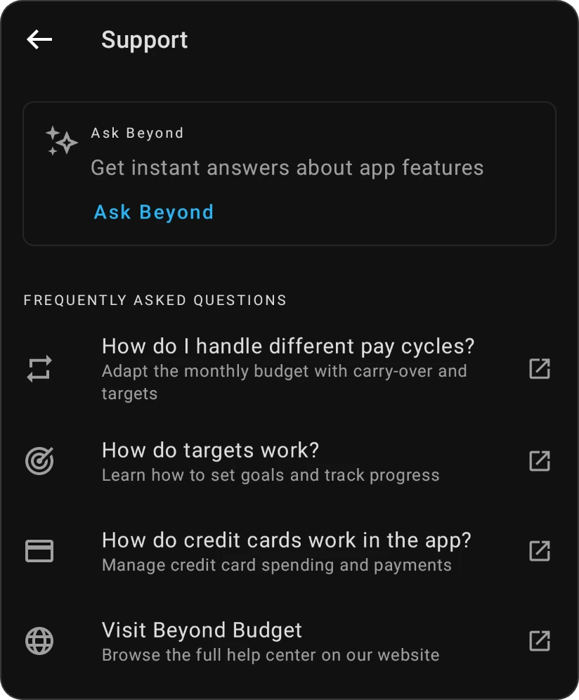 The Support screen: the Ask Beyond card and the Frequently Asked Questions, each opening its help page