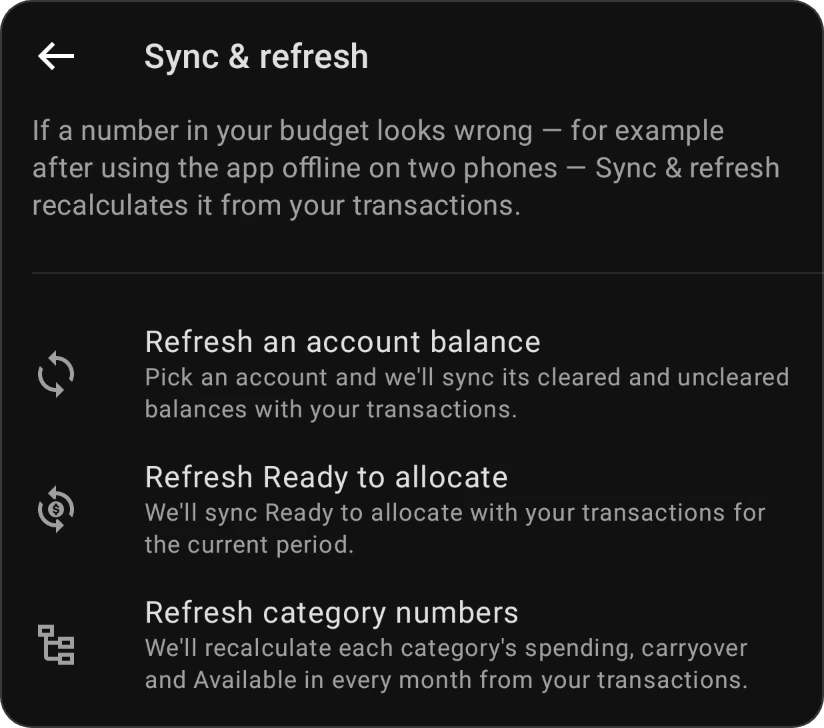 Sync & refresh with its three rows: Refresh an account balance, Refresh Ready to allocate and Refresh category numbers