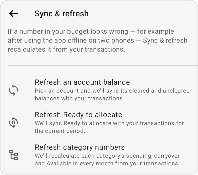 Sync & refresh with its three rows: Refresh an account balance, Refresh Ready to allocate and Refresh category numbers
