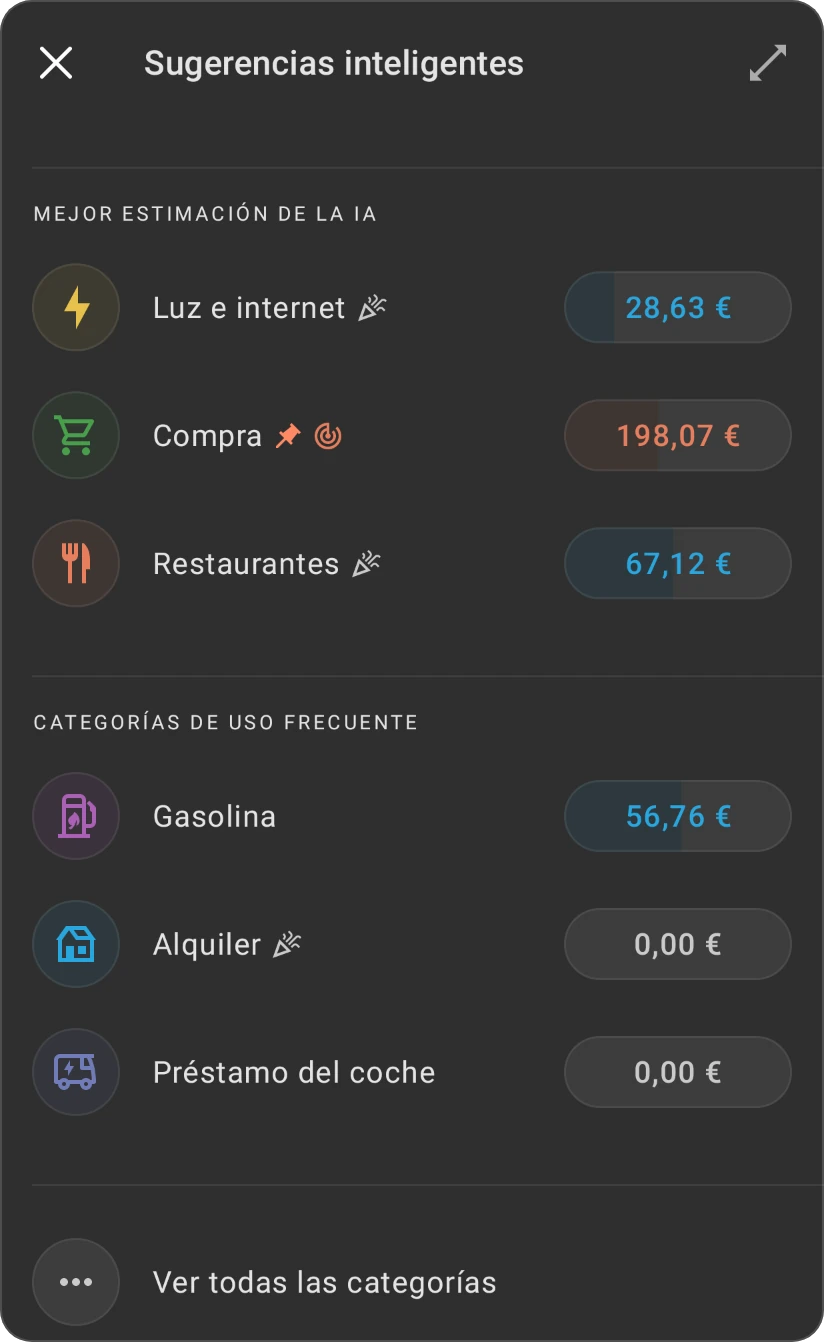 Sugerencias inteligentes para una categoría: Mejor estimación de la IA y Categorías de uso frecuente, cada una con sus categorías, y Ver todas las categorías