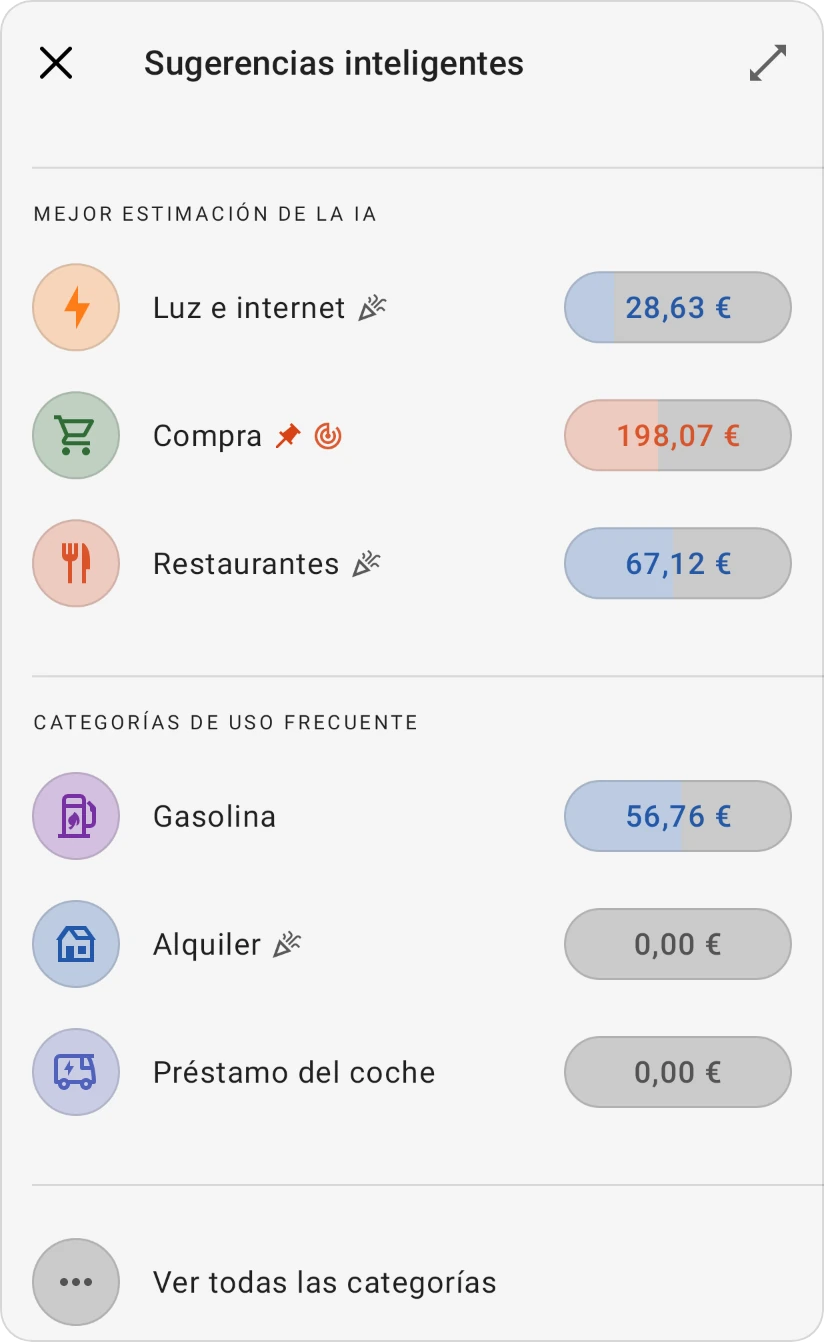 Sugerencias inteligentes para una categoría: Mejor estimación de la IA y Categorías de uso frecuente, cada una con sus categorías, y Ver todas las categorías