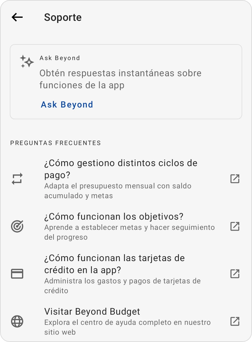 La pantalla Soporte: la tarjeta Ask Beyond y las Preguntas frecuentes, cada una abre su página de ayuda