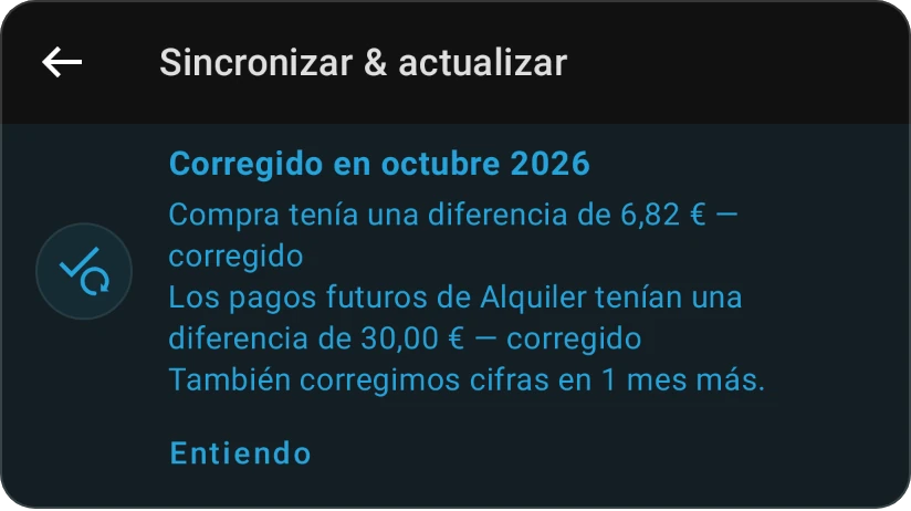 La tarjeta Corregido en octubre de 2026 tras actualizar una categoría: Supermercado estaba mal y se corrigió, el próximo pago del alquiler corregido, otro mes más, y Entiendo