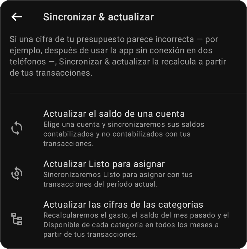 Sincronizar & actualizar con sus tres filas: Actualizar el saldo de una cuenta, Actualizar Listo para asignar y Actualizar los números de las categorías