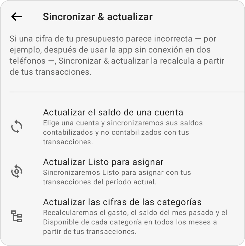 Sincronizar & actualizar con sus tres filas: Actualizar el saldo de una cuenta, Actualizar Listo para asignar y Actualizar los números de las categorías