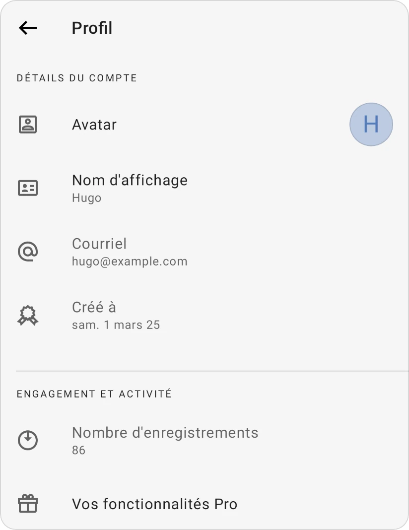 Profil : Détails du compte avec Avatar, Nom d'affichage, Courriel et Créé à, et Engagement et activité avec Nombre d'enregistrements et Vos fonctionnalités Pro