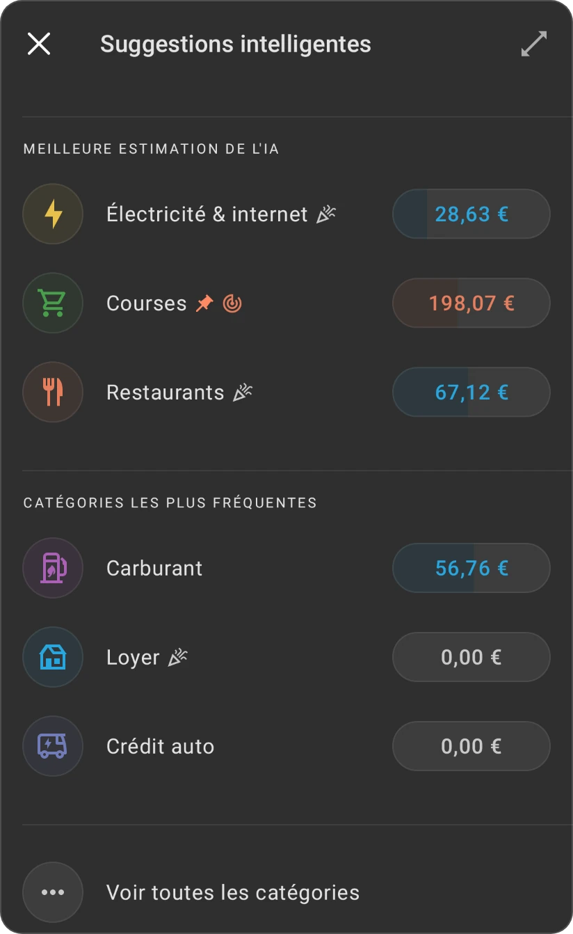 Suggestions intelligentes pour une catégorie : Meilleure estimation de l'IA et Catégories les plus fréquentes, chacune avec ses catégories, et Voir toutes les catégories