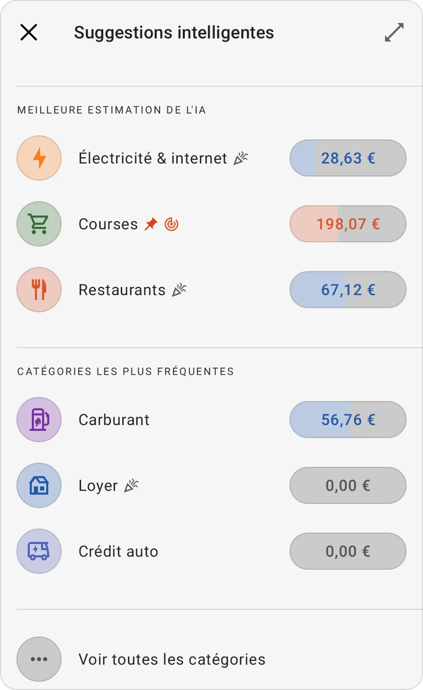 Suggestions intelligentes pour une catégorie : Meilleure estimation de l'IA et Catégories les plus fréquentes, chacune avec ses catégories, et Voir toutes les catégories