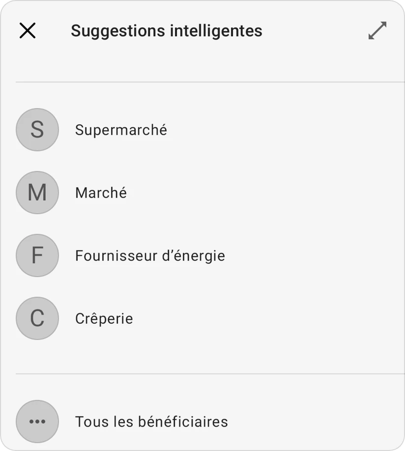 Suggestions intelligentes pour un bénéficiaire : quatre bénéficiaires issus de transactions passées, et Tous les bénéficiaires
