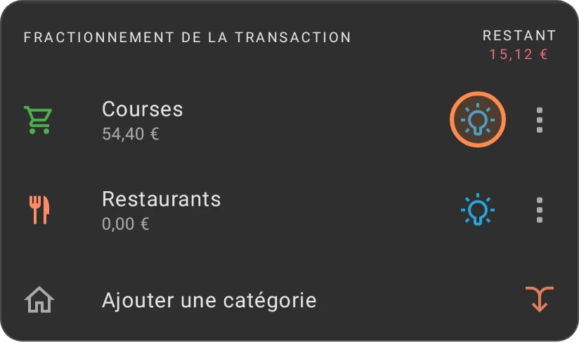 Une dépense fractionnée avec Courses et Restaurants, l'ampoule de la partie Courses en évidence