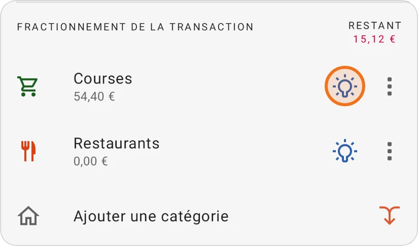 Une dépense fractionnée avec Courses et Restaurants, l'ampoule de la partie Courses en évidence