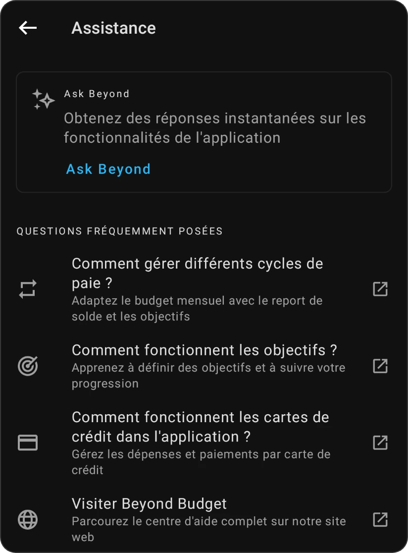 L'écran Assistance : la carte Ask Beyond et les Questions fréquemment posées, chacune ouvrant sa page d'aide