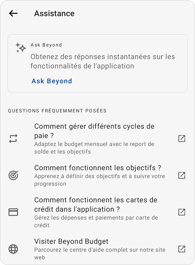L'écran Assistance : la carte Ask Beyond et les Questions fréquemment posées, chacune ouvrant sa page d'aide
