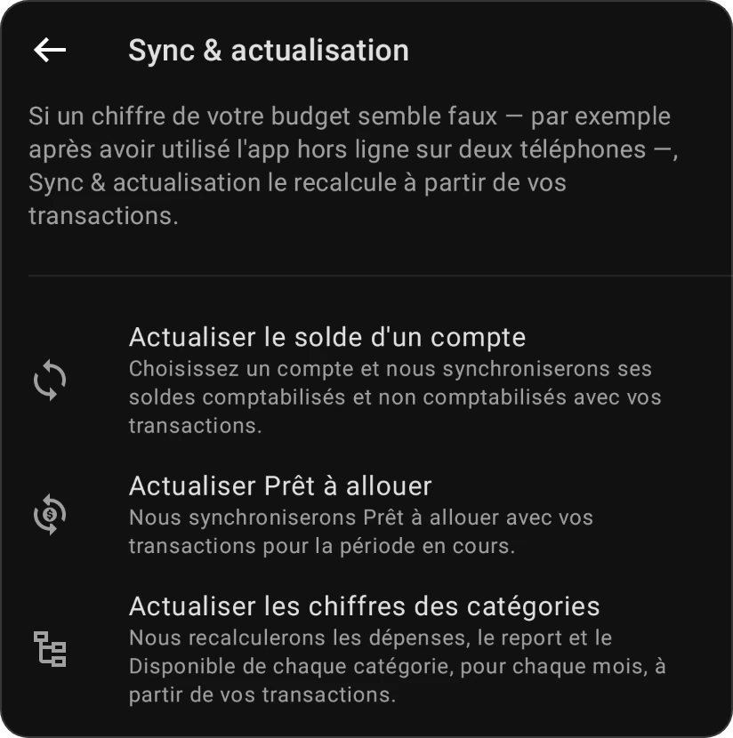 Sync & actualisation avec ses trois lignes : Actualiser le solde d'un compte, Actualiser Prêt à allouer et Actualiser les chiffres des catégories
