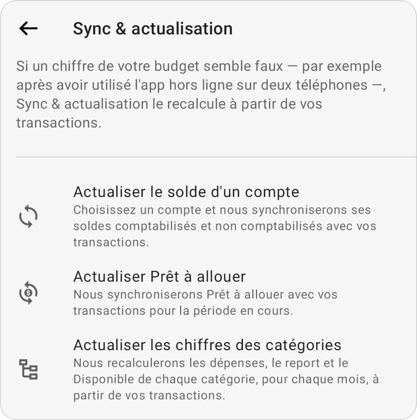 Sync & actualisation avec ses trois lignes : Actualiser le solde d'un compte, Actualiser Prêt à allouer et Actualiser les chiffres des catégories