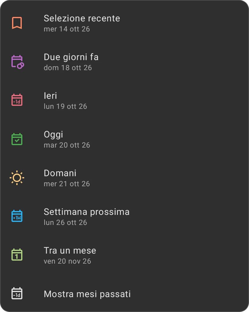 Le scelte rapide del selettore di data: Selezione recente, Due giorni fa, Ieri, Oggi, Domani, Settimana prossima, Tra un mese e Mostra mesi passati, ciascuna con la sua data