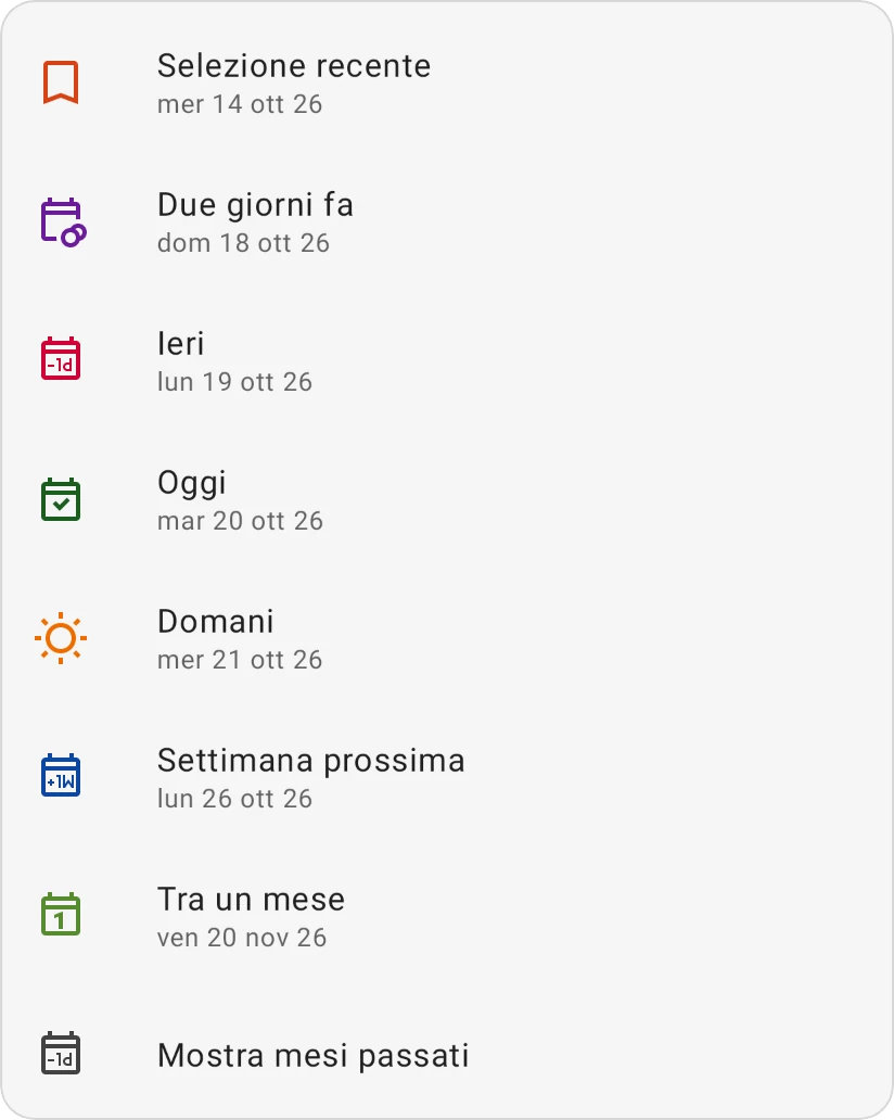 Le scelte rapide del selettore di data: Selezione recente, Due giorni fa, Ieri, Oggi, Domani, Settimana prossima, Tra un mese e Mostra mesi passati, ciascuna con la sua data
