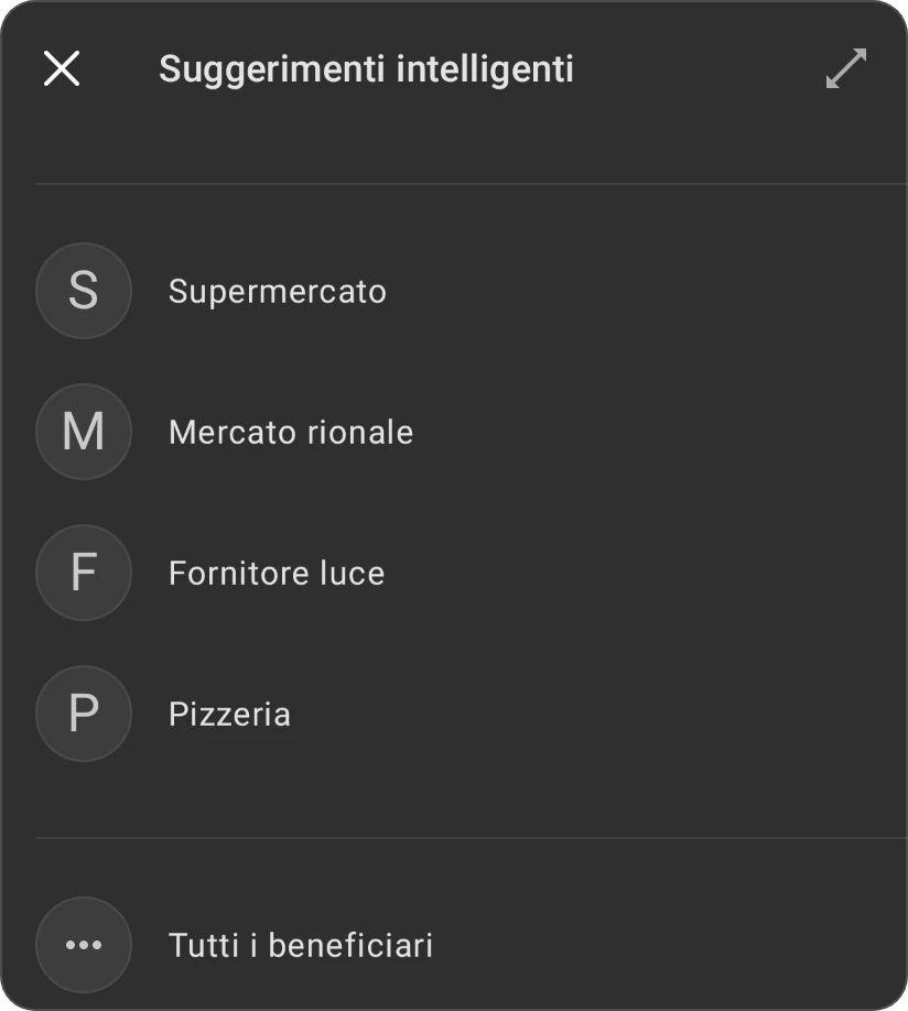Suggerimenti intelligenti per un beneficiario: quattro beneficiari di transazioni passate e Tutti i beneficiari