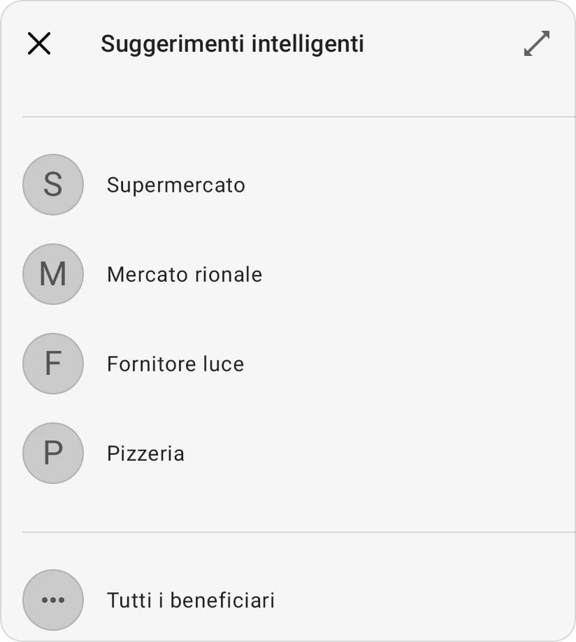 Suggerimenti intelligenti per un beneficiario: quattro beneficiari di transazioni passate e Tutti i beneficiari