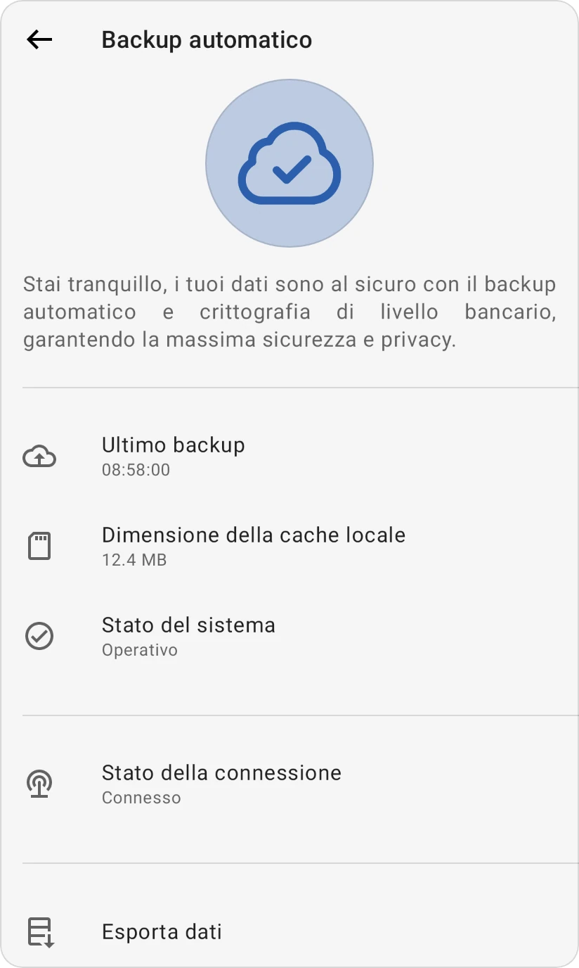 La schermata Backup automatico: Ultimo backup, Dimensione della cache locale, Stato del sistema Operativo, Stato della connessione Connesso ed Esporta dati