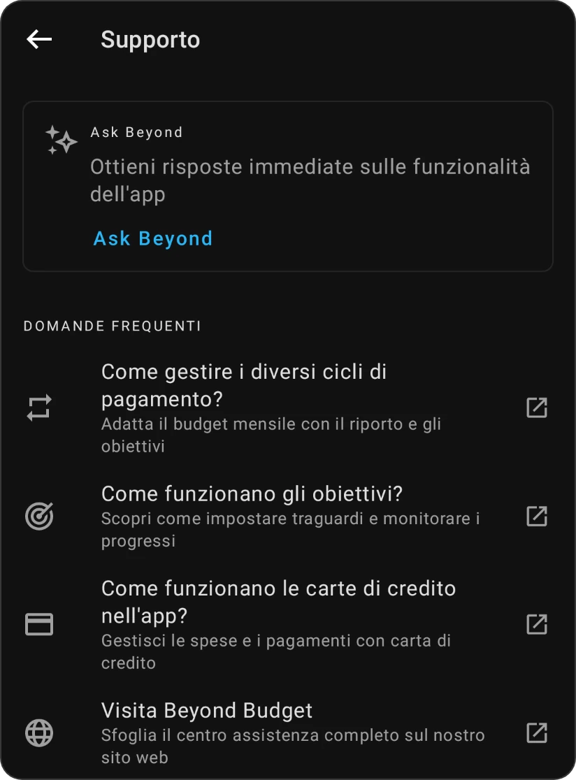 La schermata Supporto: la scheda Ask Beyond e le Domande frequenti, ognuna apre la sua pagina di aiuto