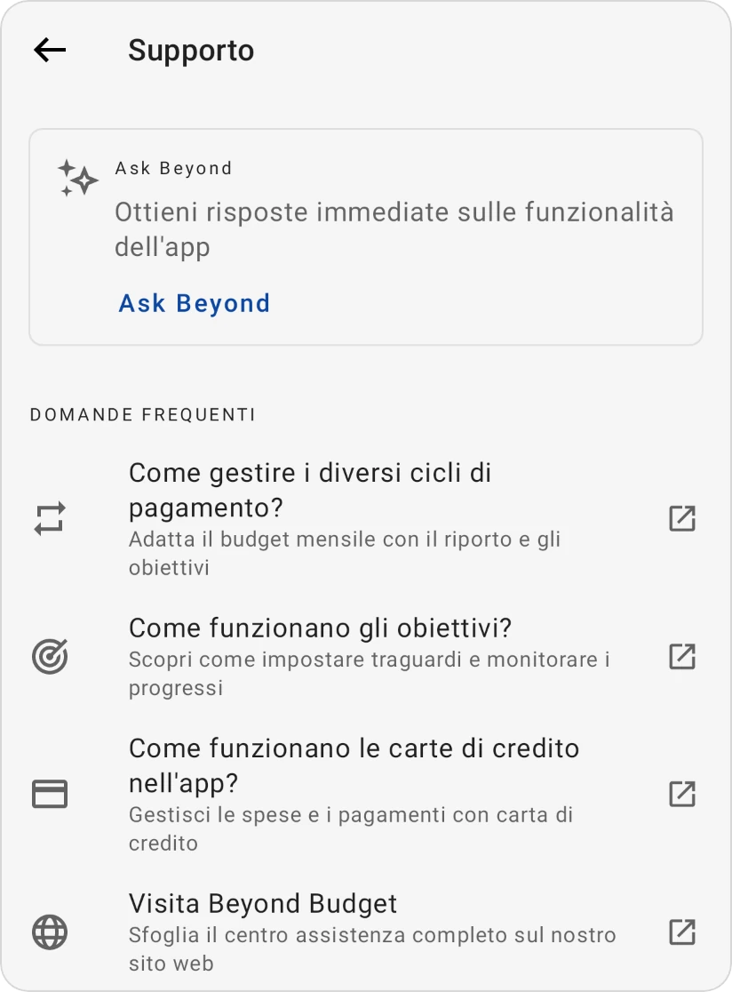 La schermata Supporto: la scheda Ask Beyond e le Domande frequenti, ognuna apre la sua pagina di aiuto
