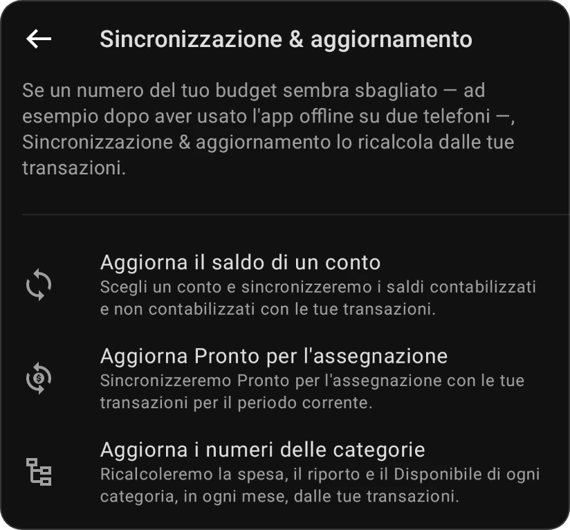 Sincronizza e aggiorna con le sue tre righe: aggiorna il saldo di un conto, aggiorna il Pronto da assegnare e aggiorna i numeri delle categorie