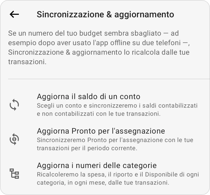 Sincronizza e aggiorna con le sue tre righe: aggiorna il saldo di un conto, aggiorna il Pronto da assegnare e aggiorna i numeri delle categorie