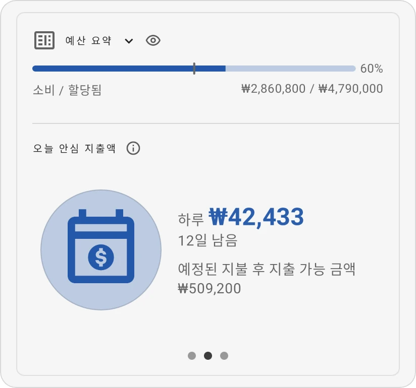 안심 지출액 보기의 예산 요약 카드: 하루 금액, 남은 일수, 예정된 지불 후 남는 금액