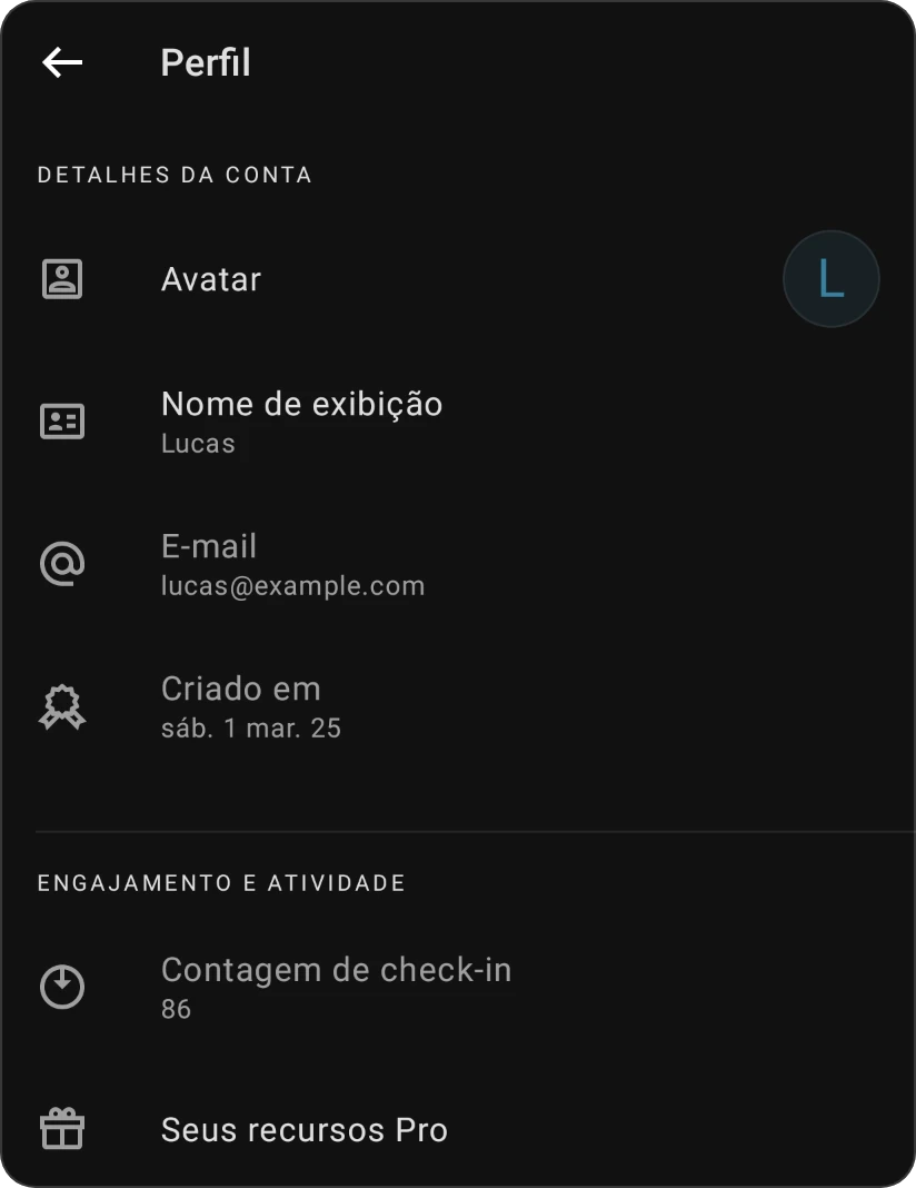 Perfil: Detalhes da conta com Avatar, Nome de exibição, E-mail e Criado em, e Engajamento e atividade com Contagem de check-in e Seus recursos Pro