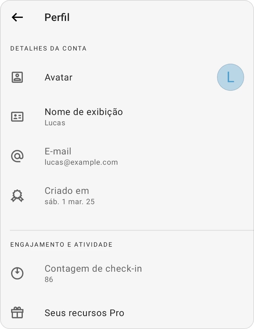 Perfil: Detalhes da conta com Avatar, Nome de exibição, E-mail e Criado em, e Engajamento e atividade com Contagem de check-in e Seus recursos Pro