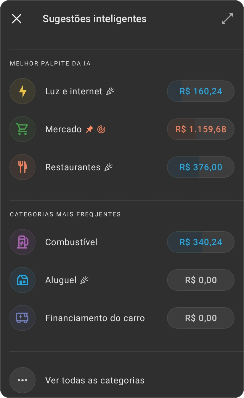 Sugestões inteligentes para uma categoria: Melhor palpite da IA e Categorias mais frequentes, cada uma com suas categorias, e Ver todas as categorias