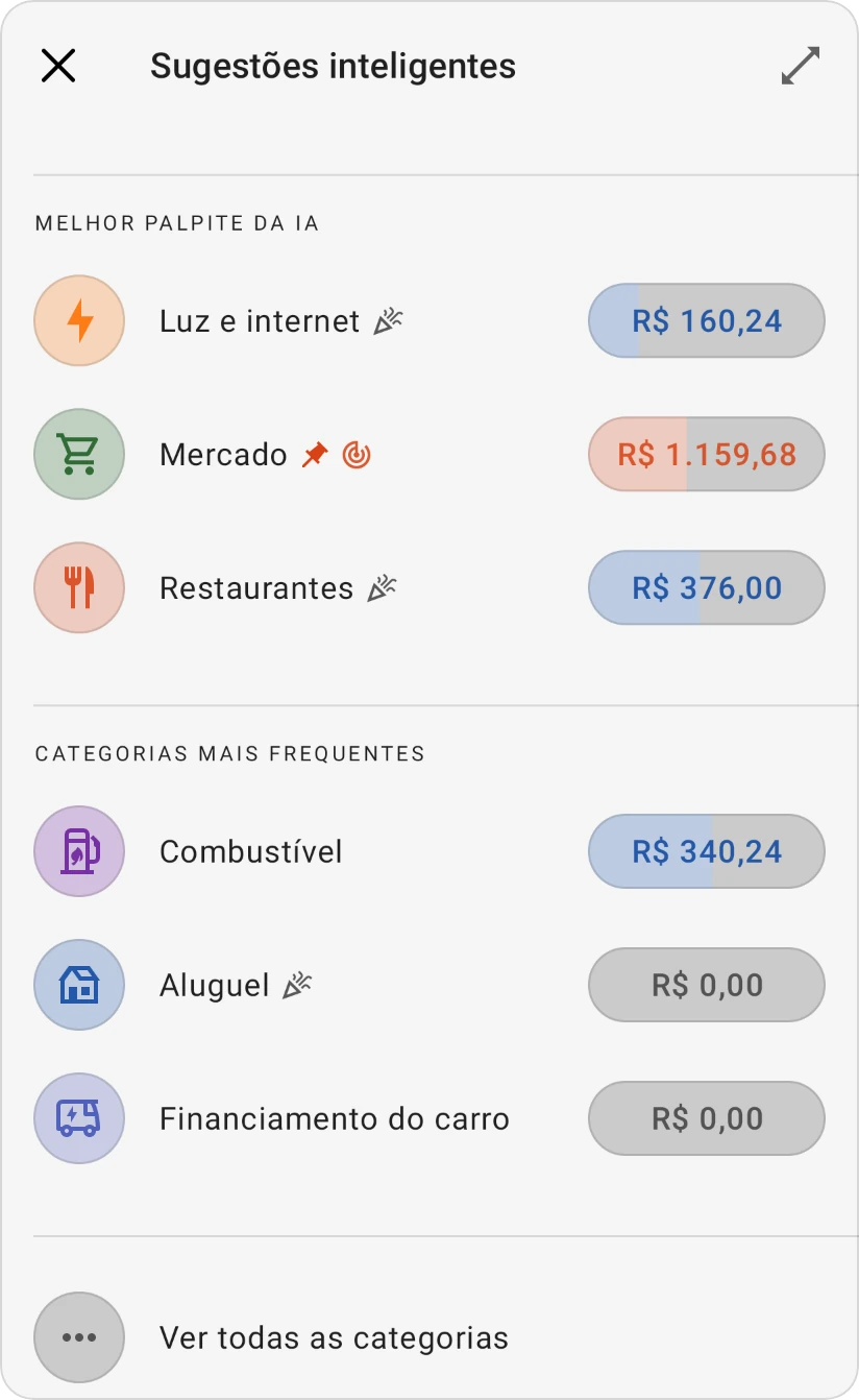 Sugestões inteligentes para uma categoria: Melhor palpite da IA e Categorias mais frequentes, cada uma com suas categorias, e Ver todas as categorias