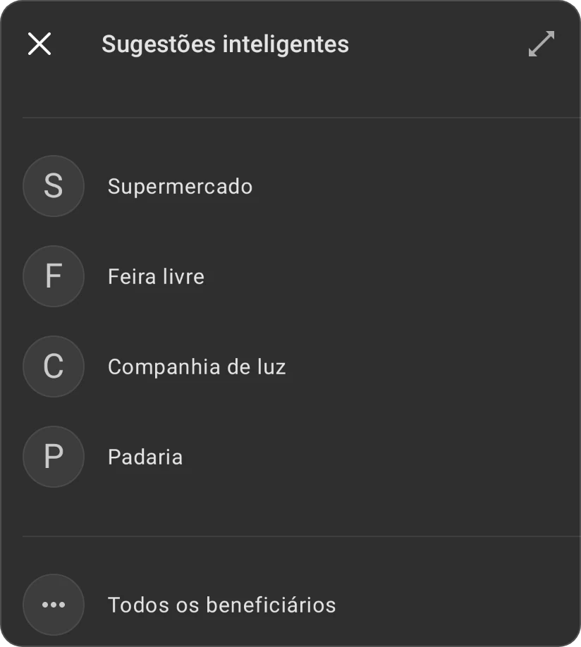 Sugestões inteligentes para um beneficiário: quatro beneficiários de transações anteriores e Todos os beneficiários